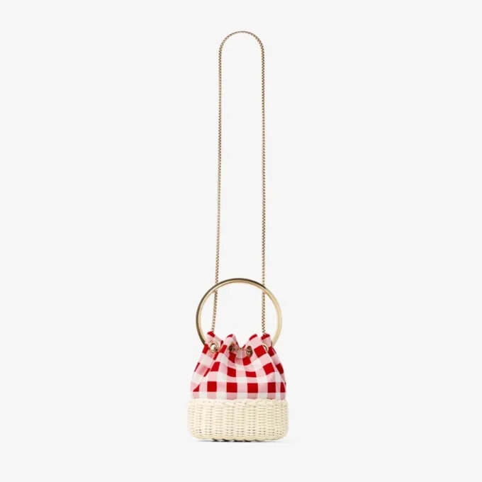 Borsa a secchiello Bon Bon in tessuto di cotone a quadretti rosso rubino e vimini