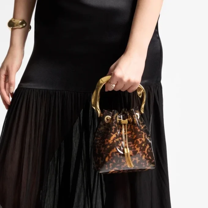 Borsa a secchiello Bon Bon trasparente tartarugata con manico scolpito Borsa a secchiello Bon Bon trasparente tartarugata con manico scolpito