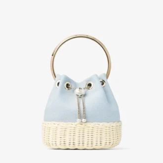 Borsa a secchiello in tela screziata e vimini Bon Bon Riviera Blue Mix