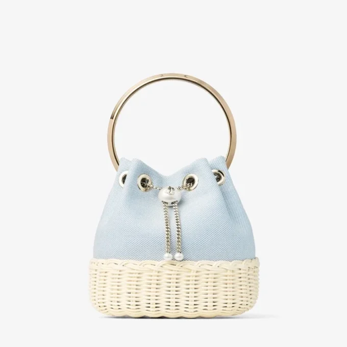 Borsa a secchiello in tela screziata e vimini Bon Bon Riviera Blue Mix Borsa a secchiello in tela screziata e vimini Bon Bon Riviera Blue Mix