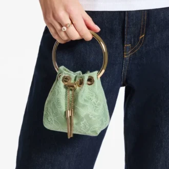Borsa a secchiello mini Micro Bon Bon in raso verde e pizzo jimmy choo