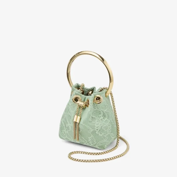 Borsa a secchiello mini Micro Bon Bon in raso verde e pizzo jimmy choo Borsa a secchiello mini Micro Bon Bon in raso verde e pizzo jimmy choo