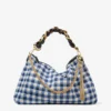 Borsa a spalla Callie Maxi in rafia a quadretti mix blu navy con tracolla staccabile in nappa intrecciata