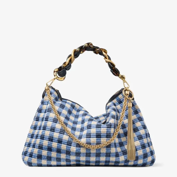 Borsa a spalla Callie Maxi in rafia a quadretti mix blu navy con tracolla staccabile in nappa intrecciata