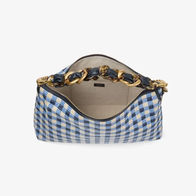 Borsa a spalla Callie Maxi in rafia a quadretti mix blu navy con tracolla staccabile in nappa intrecciata