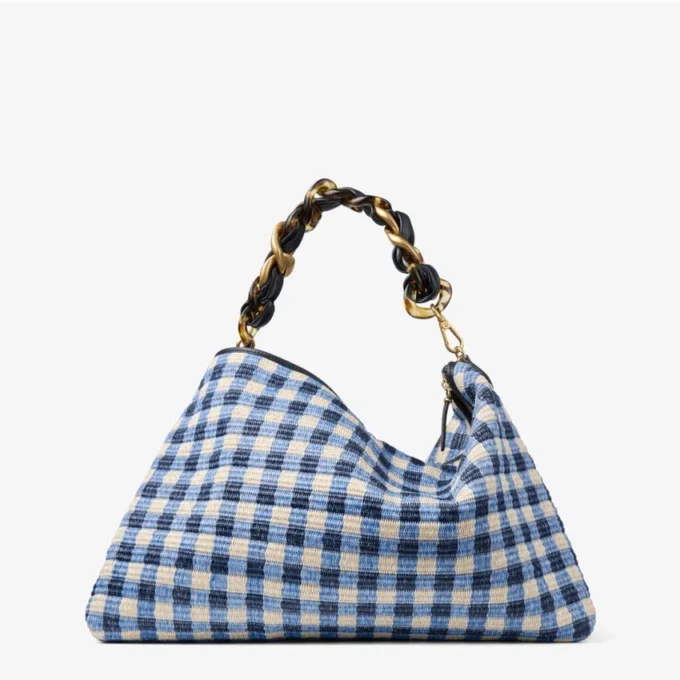 Borsa a spalla Callie Maxi in rafia a quadretti mix blu navy con tracolla staccabile in nappa intrecciata