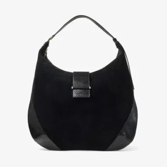 Borsa a tracolla Bar Hobo Large in pelle scamosciata nera con finiture in pelle stampata serpente lucida