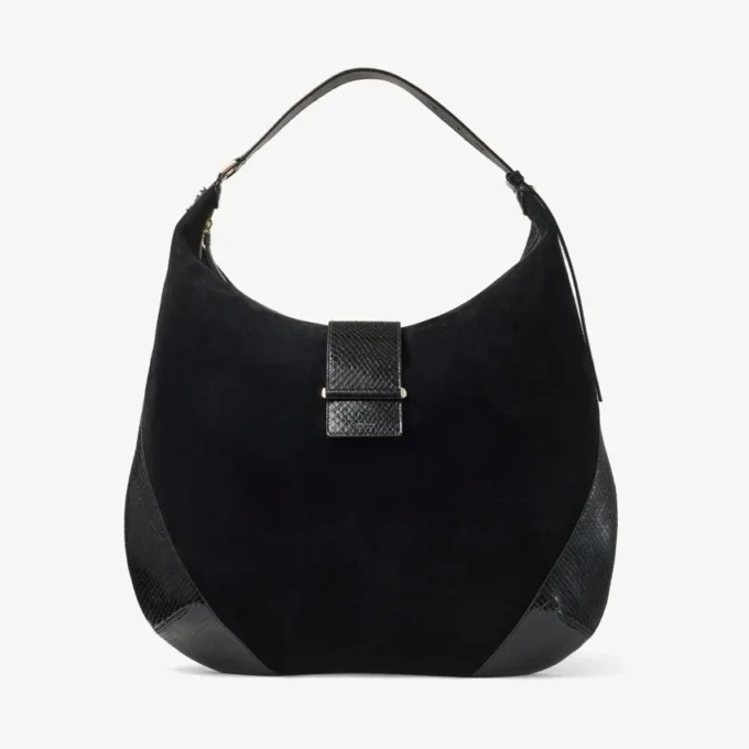 Borsa a tracolla Bar Hobo Large in pelle scamosciata nera con finiture in pelle stampata serpente lucida Borsa a tracolla Bar Hobo Large in pelle scamosciata nera con finiture in pelle stampata serpente lucida