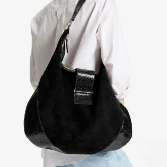 Borsa a tracolla Bar Hobo Large in pelle scamosciata nera con finiture in pelle stampata serpente lucida