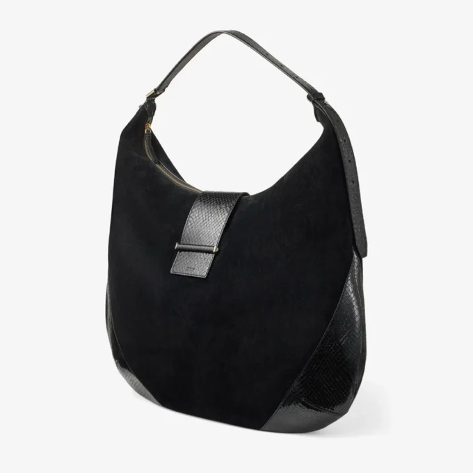 Borsa a tracolla Bar Hobo Large in pelle scamosciata nera con finiture in pelle stampata serpente lucida Borsa a tracolla Bar Hobo Large in pelle scamosciata nera con finiture in pelle stampata serpente lucida