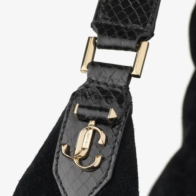 Borsa a tracolla Bar Hobo Large in pelle scamosciata nera con finiture in pelle stampata serpente lucida Borsa a tracolla Bar Hobo Large in pelle scamosciata nera con finiture in pelle stampata serpente lucida