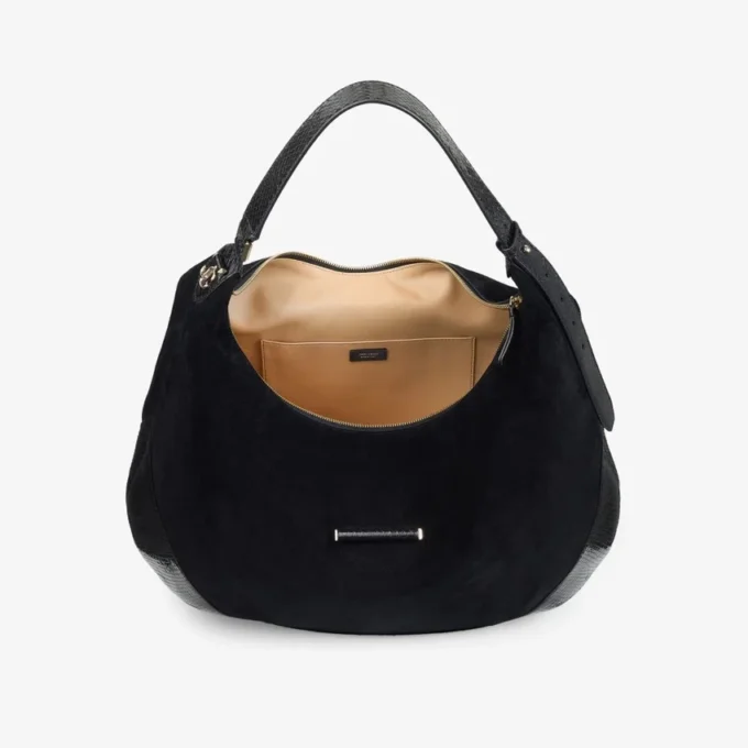 Borsa a tracolla Bar Hobo Large in pelle scamosciata nera con finiture in pelle stampata serpente lucida Borsa a tracolla Bar Hobo Large in pelle scamosciata nera con finiture in pelle stampata serpente lucida