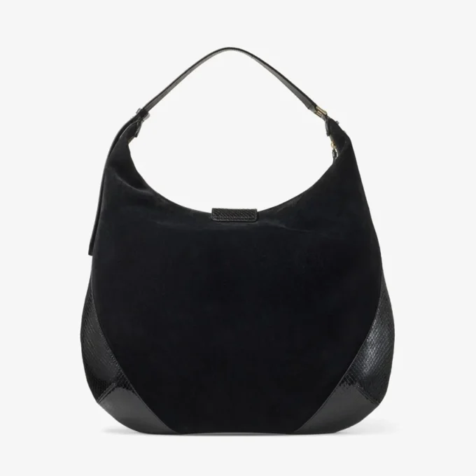 Borsa a tracolla Bar Hobo Large in pelle scamosciata nera con finiture in pelle stampata serpente lucida Borsa a tracolla Bar Hobo Large in pelle scamosciata nera con finiture in pelle stampata serpente lucida