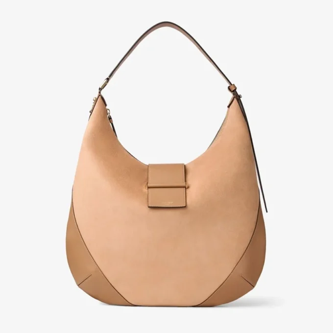 Borsa a tracolla Bar Hobo M in pelle scamosciata color caramello con finiture in pelle stile Biker
