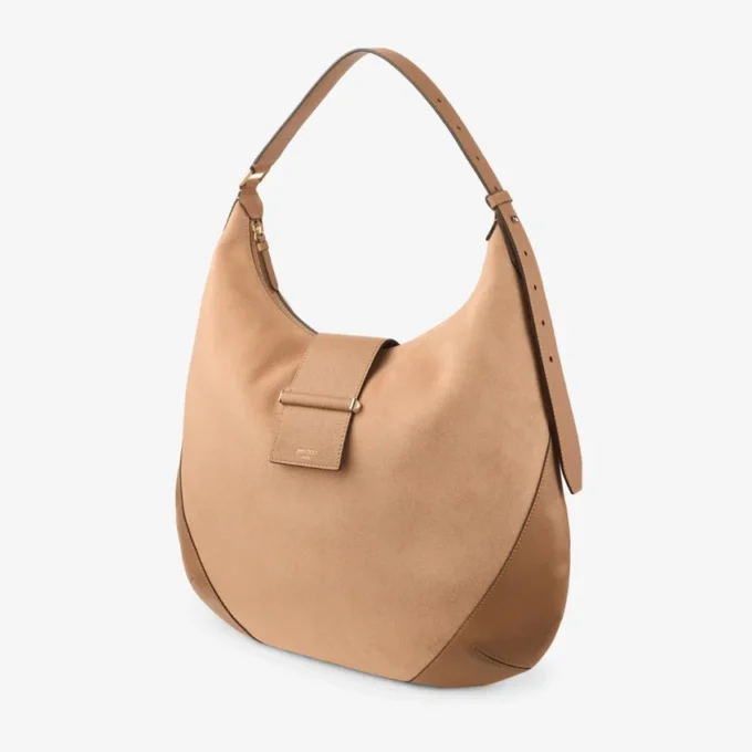 Borsa a tracolla Bar Hobo M in pelle scamosciata color caramello con finiture in pelle stile Biker