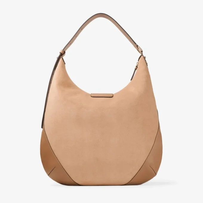 Borsa a tracolla Bar Hobo M in pelle scamosciata color caramello con finiture in pelle stile Biker