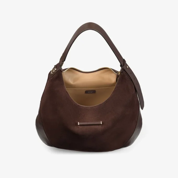 Borsa a tracolla Bar Hobo M in pelle scamosciata color cioccolato con finiture in pelle