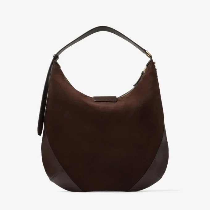 Borsa a tracolla Bar Hobo M in pelle scamosciata color cioccolato con finiture in pelle