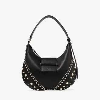 Borsa a tracolla Bar Hobo Small in pelle Biker nera con borchie in perla