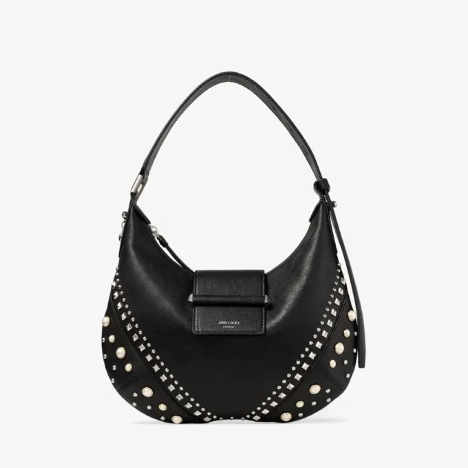Borsa a tracolla Bar Hobo Small in pelle Biker nera con borchie in perla Borsa a tracolla Bar Hobo Small in pelle Biker nera con borchie in perla
