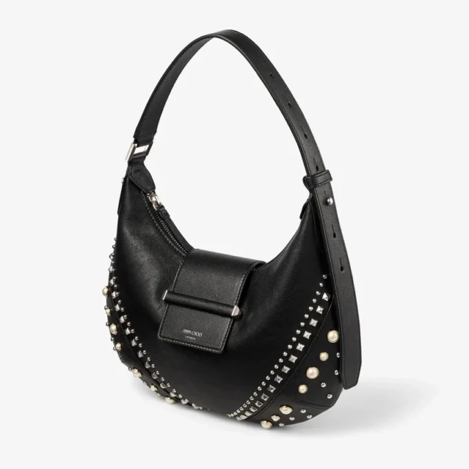 Borsa a tracolla Bar Hobo Small in pelle Biker nera con borchie in perla Borsa a tracolla Bar Hobo Small in pelle Biker nera con borchie in perla