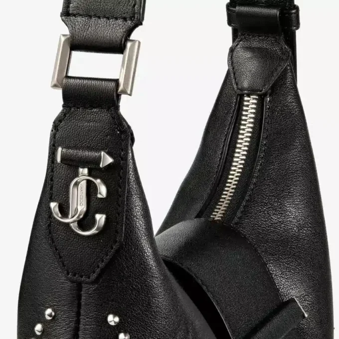 Borsa a tracolla Bar Hobo Small in pelle Biker nera con borchie in perla Borsa a tracolla Bar Hobo Small in pelle Biker nera con borchie in perla
