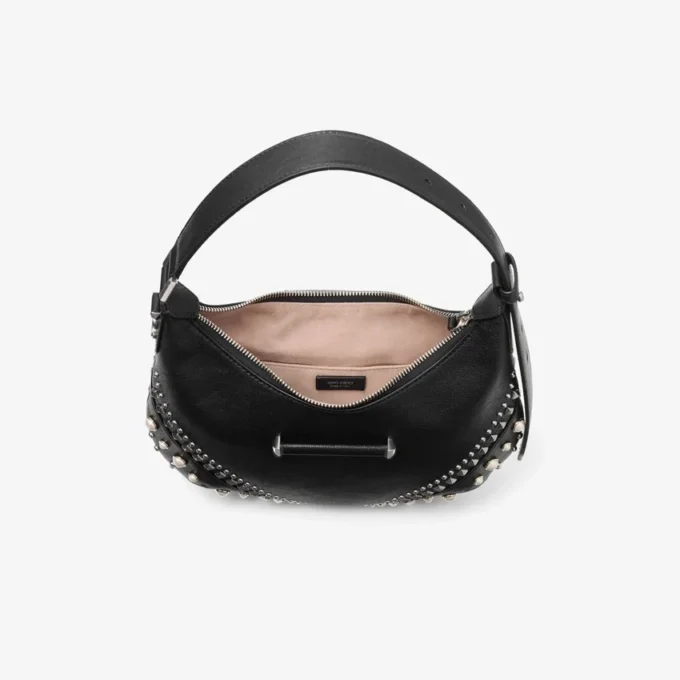 Borsa a tracolla Bar Hobo Small in pelle Biker nera con borchie in perla Borsa a tracolla Bar Hobo Small in pelle Biker nera con borchie in perla