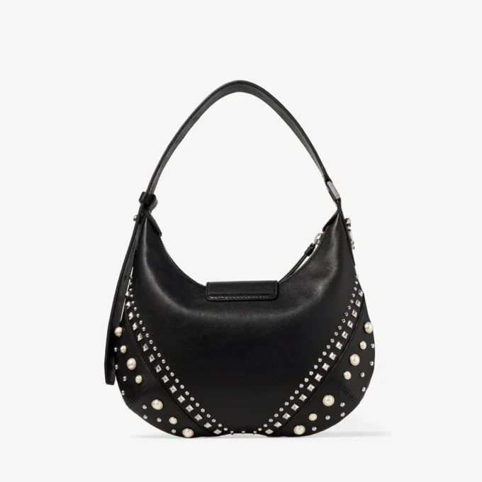 Borsa a tracolla Bar Hobo Small in pelle Biker nera con borchie in perla Borsa a tracolla Bar Hobo Small in pelle Biker nera con borchie in perla