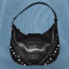 Borsa a tracolla Bar Hobo Small in pelle Biker nera con borchie in perla Borsa a tracolla Bar Hobo Small in pelle Biker nera con borchie in perla