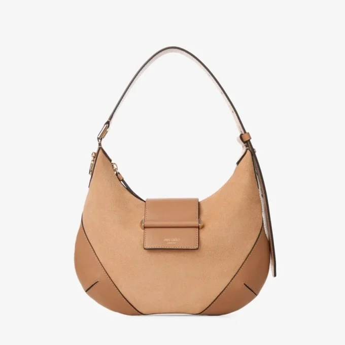 Borsa a tracolla Bar Hobo Small in pelle scamosciata color caramello con finiture in pelle stile Biker