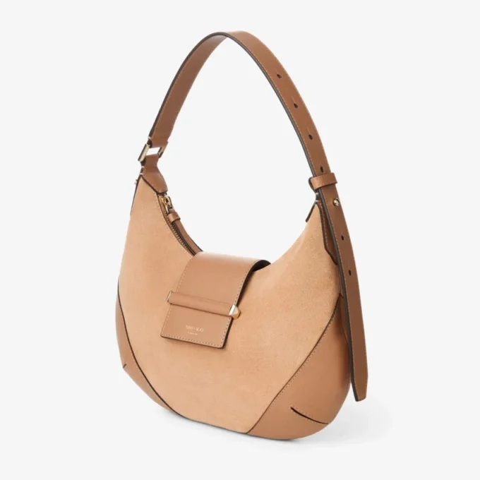 Borsa a tracolla Bar Hobo Small in pelle scamosciata color caramello con finiture in pelle stile Biker