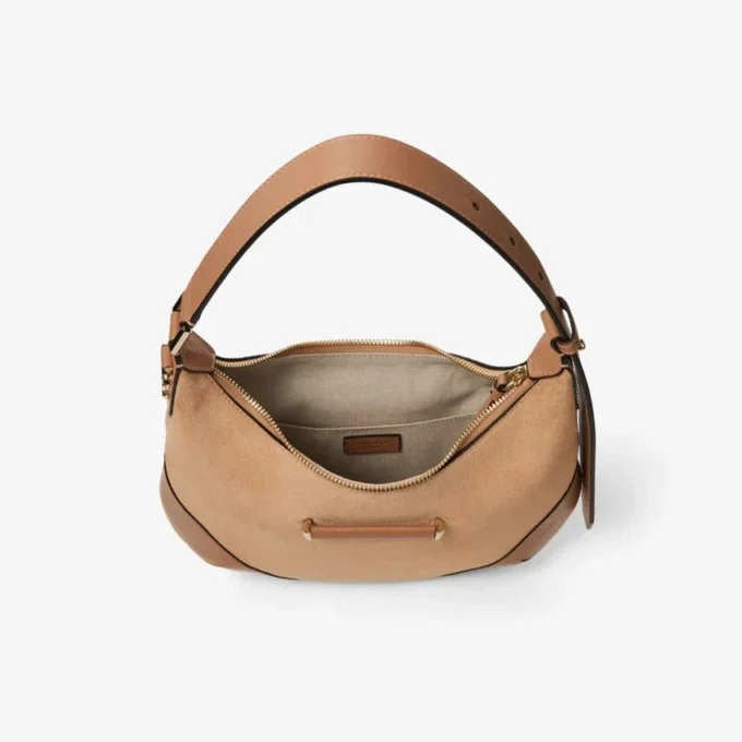 Borsa a tracolla Bar Hobo Small in pelle scamosciata color caramello con finiture in pelle stile Biker
