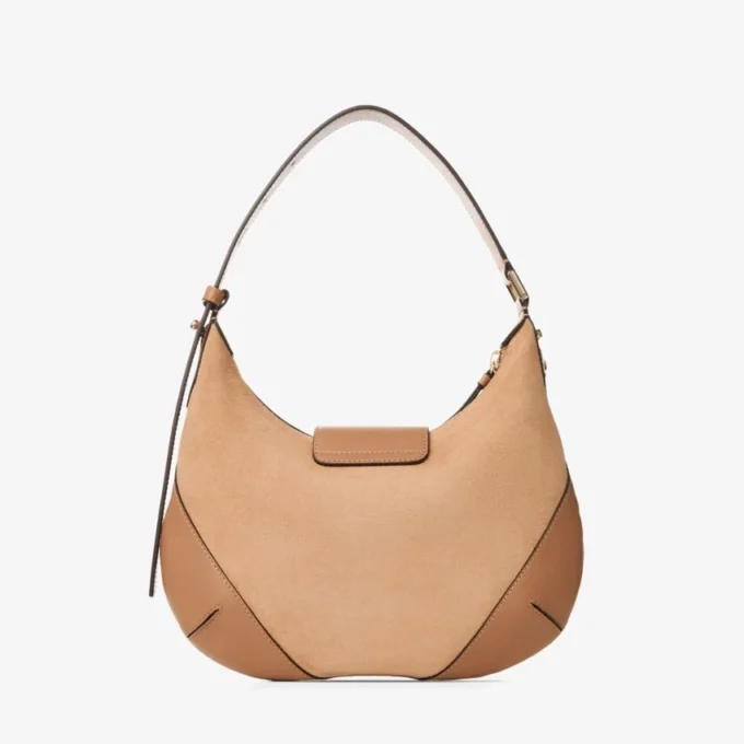 Borsa a tracolla Bar Hobo Small in pelle scamosciata color caramello con finiture in pelle stile Biker
