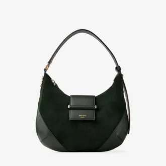 Borsa a tracolla Bar Hobo Small in pelle scamosciata verde britannico con finiture in pelle Biker