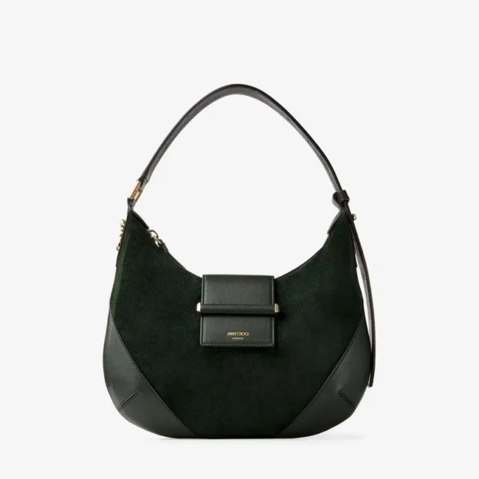 Borsa a tracolla Bar Hobo Small in pelle scamosciata verde britannico con finiture in pelle Biker Borsa a tracolla Bar Hobo Small in pelle scamosciata verde britannico con finiture in pelle Biker