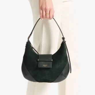 Borsa a tracolla Bar Hobo Small in pelle scamosciata verde britannico con finiture in pelle Biker