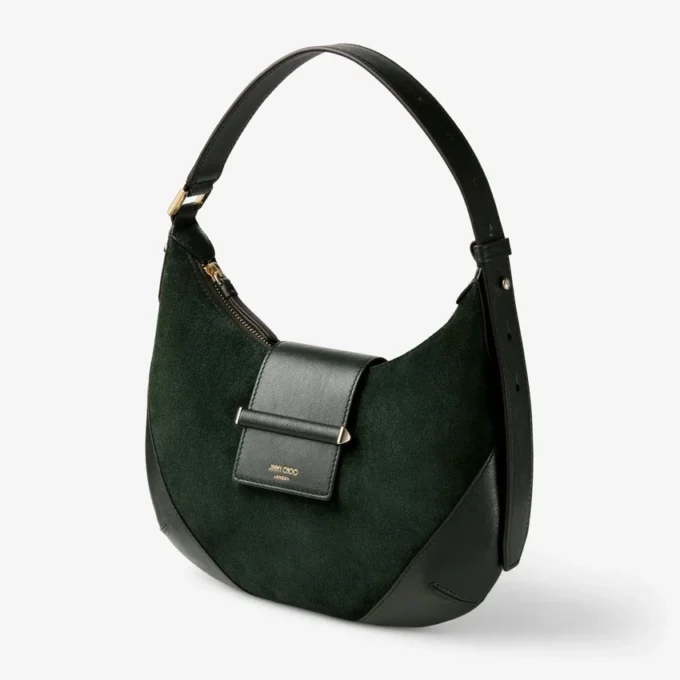 Borsa a tracolla Bar Hobo Small in pelle scamosciata verde britannico con finiture in pelle Biker Borsa a tracolla Bar Hobo Small in pelle scamosciata verde britannico con finiture in pelle Biker