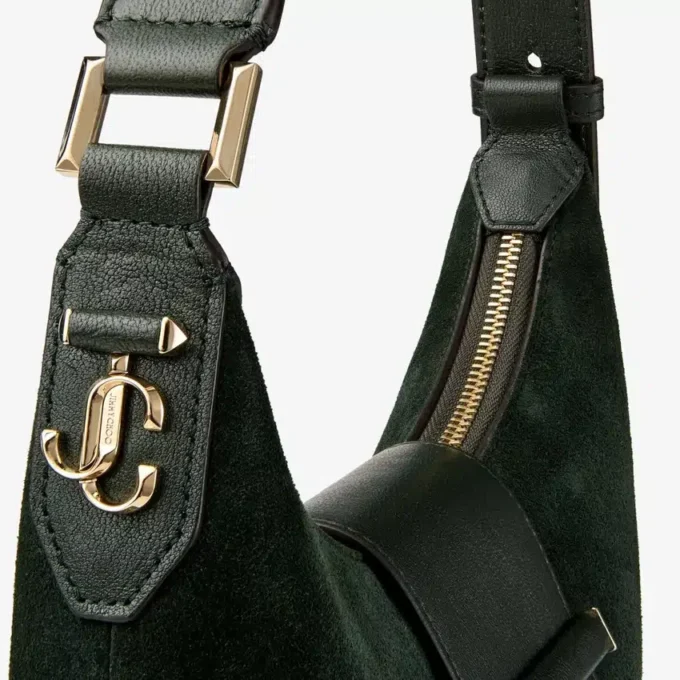 Borsa a tracolla Bar Hobo Small in pelle scamosciata verde britannico con finiture in pelle Biker Borsa a tracolla Bar Hobo Small in pelle scamosciata verde britannico con finiture in pelle Biker