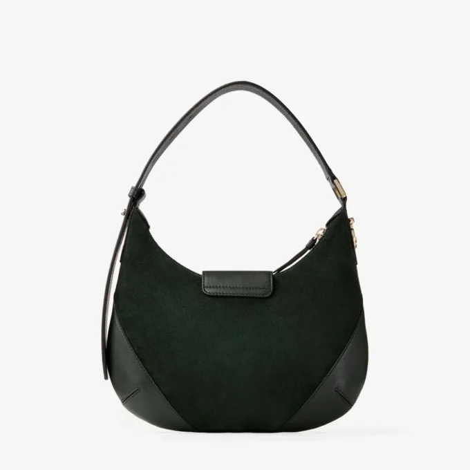 Borsa a tracolla Bar Hobo Small in pelle scamosciata verde britannico con finiture in pelle Biker Borsa a tracolla Bar Hobo Small in pelle scamosciata verde britannico con finiture in pelle Biker