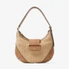 Borsa a tracolla Bar Hobo Small in rafia naturale e color caramello con finiture in pelle di vitello liscia