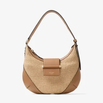 Borsa a tracolla Bar Hobo Small in rafia naturale e color caramello con finiture in pelle di vitello liscia
