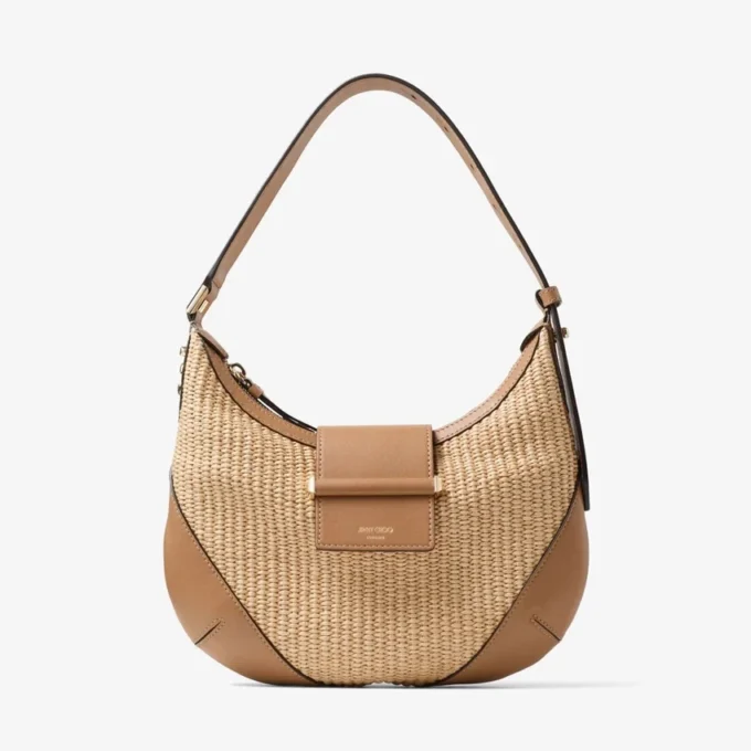 Borsa a tracolla Bar Hobo Small in rafia naturale e color caramello con finiture in pelle di vitello liscia
