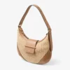 Borsa a tracolla Bar Hobo Small in rafia naturale e color caramello con finiture in pelle di vitello liscia