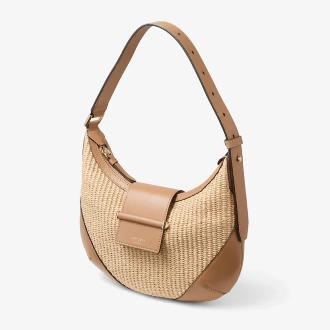 Borsa a tracolla Bar Hobo Small in rafia naturale e color caramello con finiture in pelle di vitello liscia