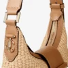 Borsa a tracolla Bar Hobo Small in rafia naturale e color caramello con finiture in pelle di vitello liscia