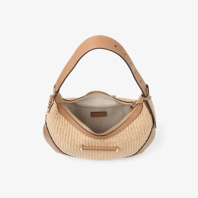 Borsa a tracolla Bar Hobo Small in rafia naturale e color caramello con finiture in pelle di vitello liscia
