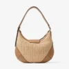 Borsa a tracolla Bar Hobo Small in rafia naturale e color caramello con finiture in pelle di vitello liscia