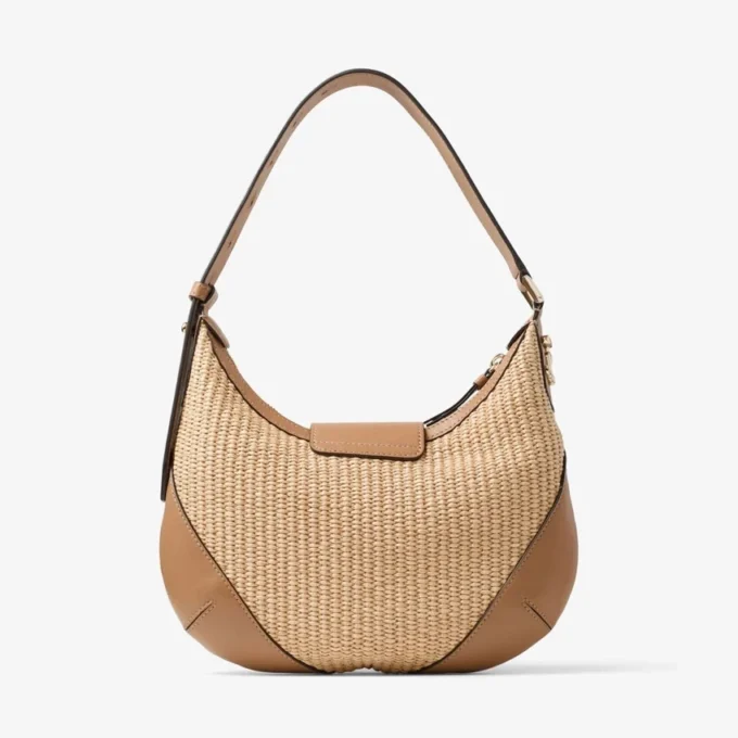 Borsa a tracolla Bar Hobo Small in rafia naturale e color caramello con finiture in pelle di vitello liscia