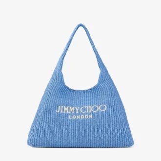 Borsa a tracolla Beach Diamond Hobo Large in rafia blu oceano ed ecru