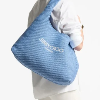 Borsa a tracolla Beach Diamond Hobo Large in rafia blu oceano ed ecru